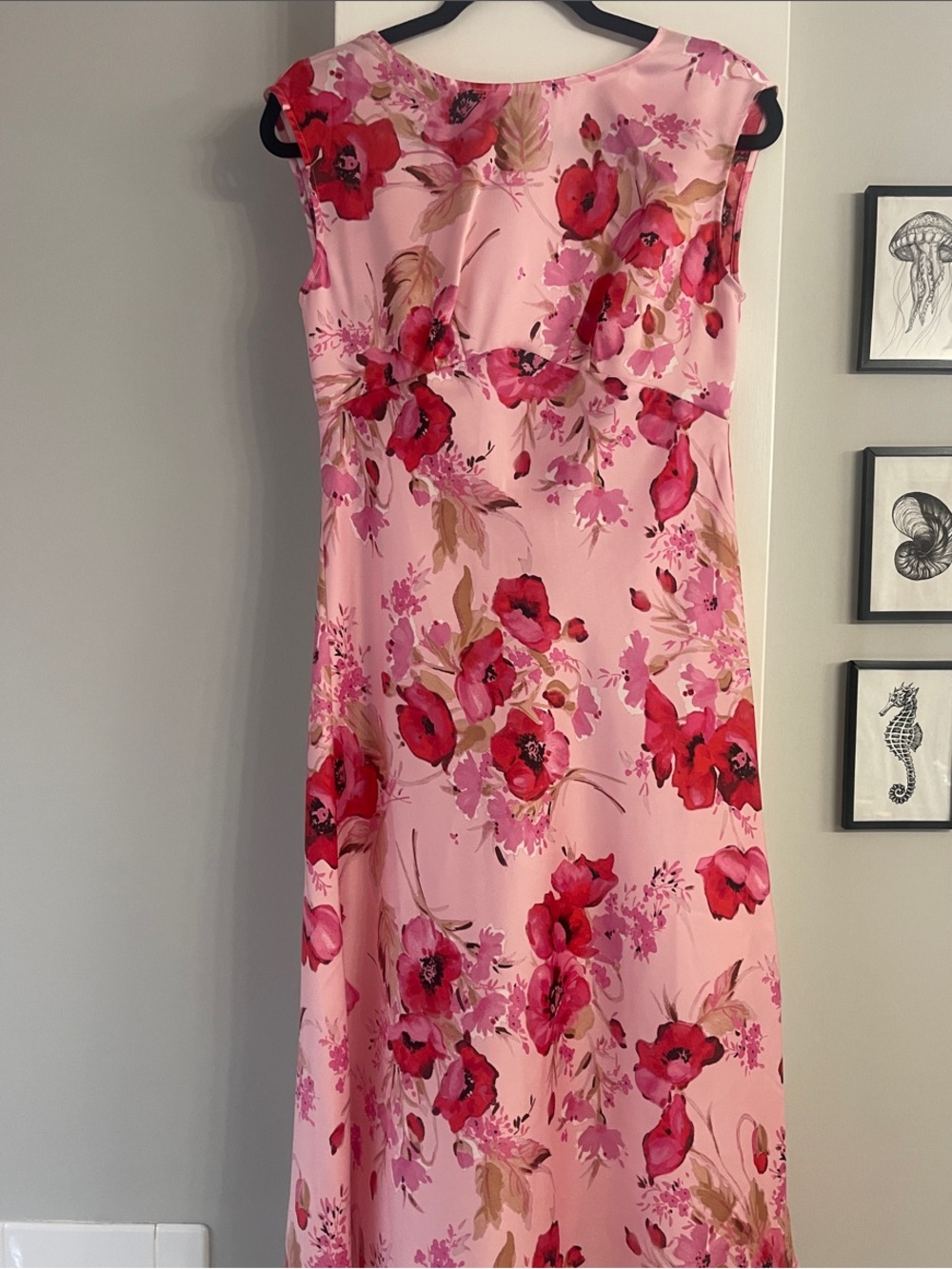 Talbots Pink Floral Midi Dress with Red Blooms